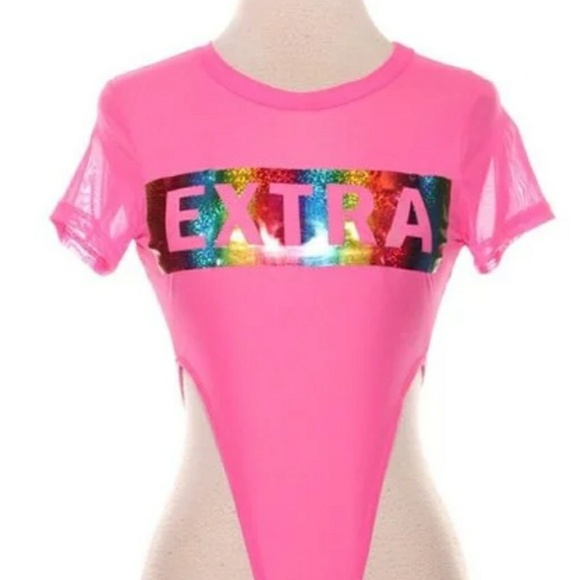 High Cut Short Sleeve Neon Pink Mesh Bodysuit - Picture 5 of 6